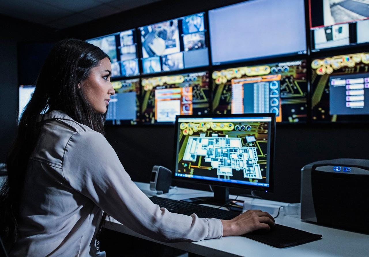 Woman security guard watching monitors