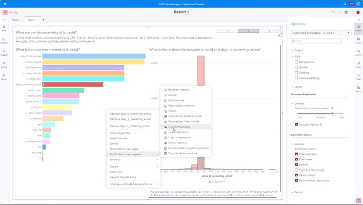 SAS Visual Analytics montrant un rapport VA avec des menus superposés